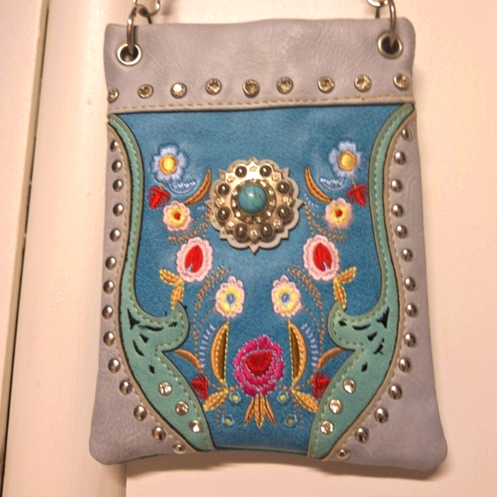 BOHO Embroidered Floral/ Studded Rhinestone Women's Crossover Bag 8" X 6"